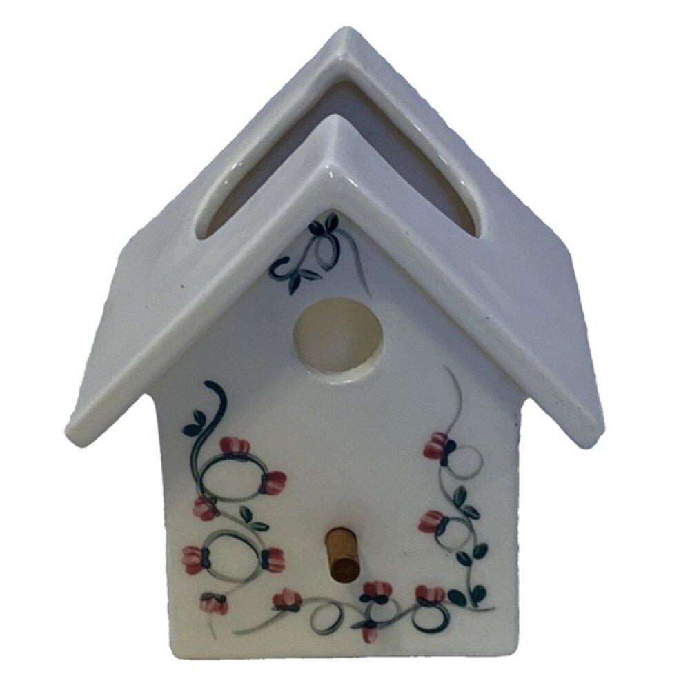 Birdhouse Ceramic Tealight Candle Holer Painted Floral Accent 5” Tall Home Decor